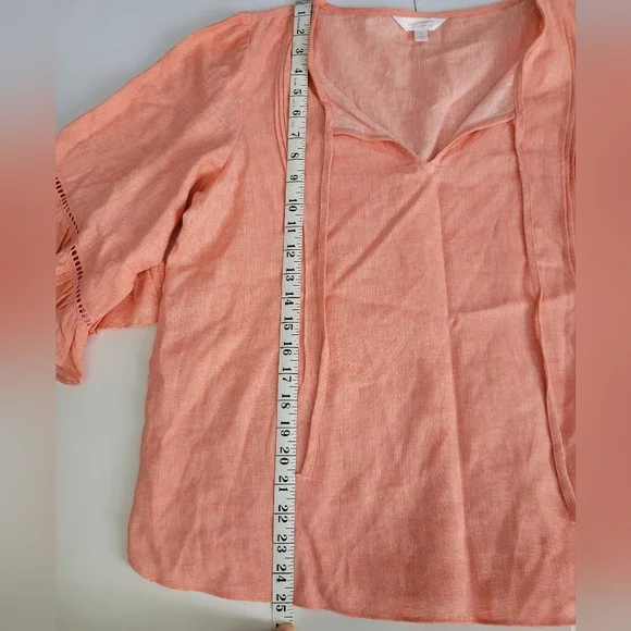 Lauren Conrad Salmon Colored Linen Tie Front V Neck 3/4 Sleeve Shirt - Picture 3 of 8